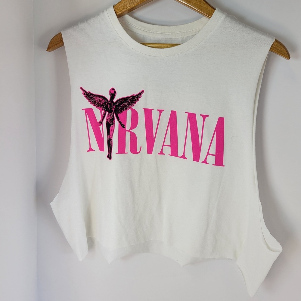 Nirvana In Utero Angel Graphic Muscle Tank Top White Pink XL Cropped Raw Hem